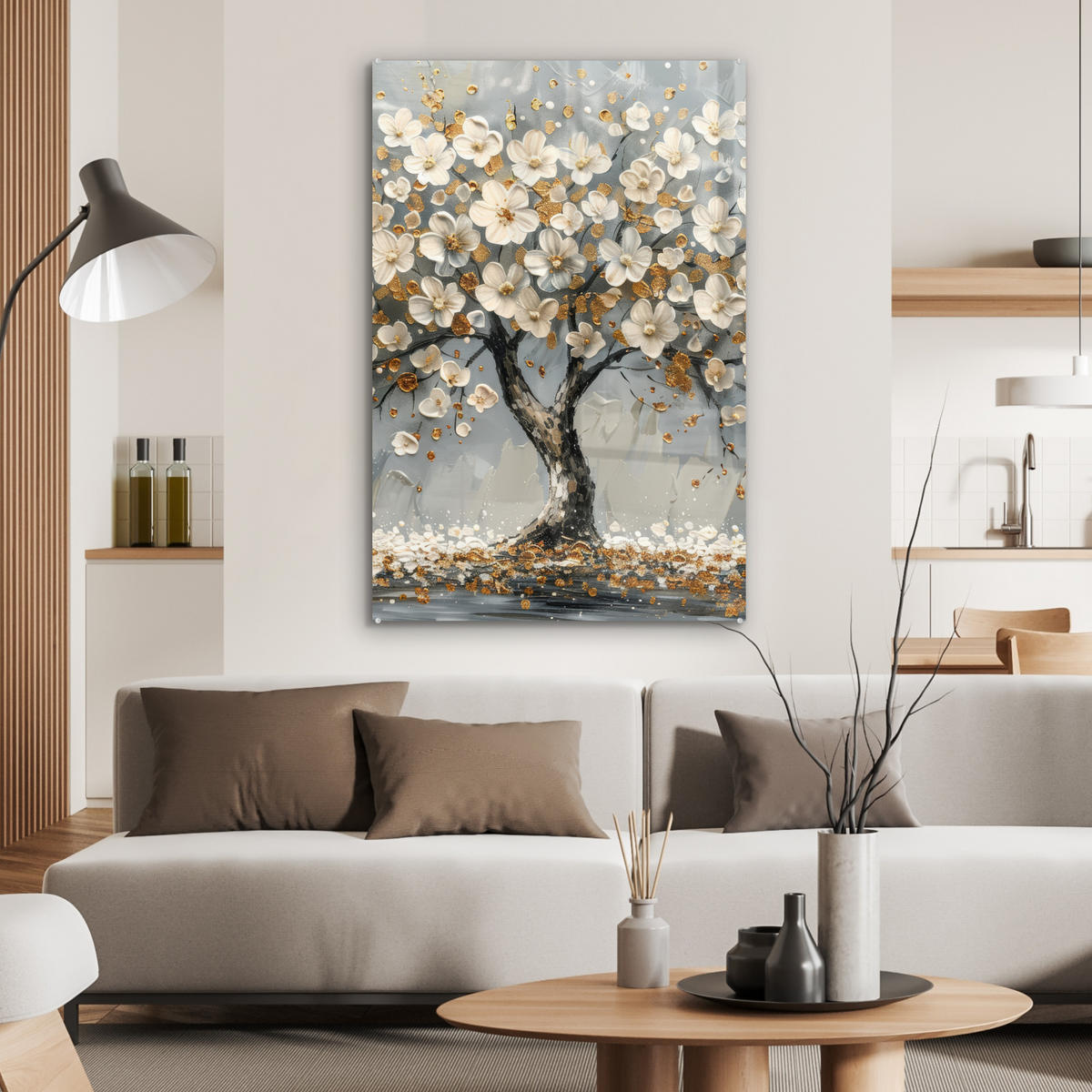 ACRYLGLASBILD Baum - Blumen - Weiß - Natur - Kunst 60x90 cm - Weiß, Glas (60/90cm) - MuchoWow