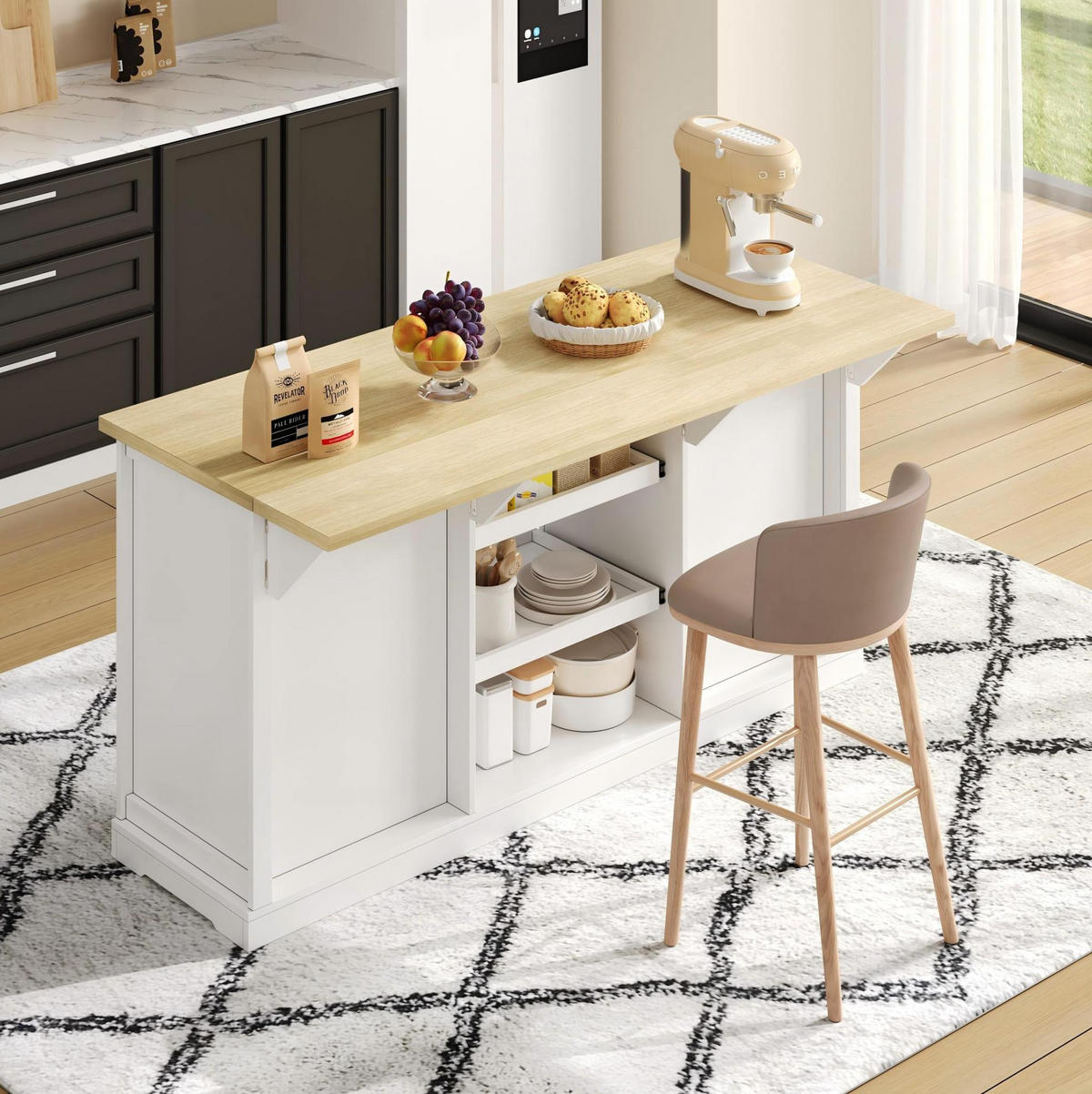 BUFFET 150/65/75,5 cm natur/weiß aus MDF mit Klappplatte und Steckdosen - Naturfarben, Holzwerkstoff (150/75.5/65cm) - OKWISH
