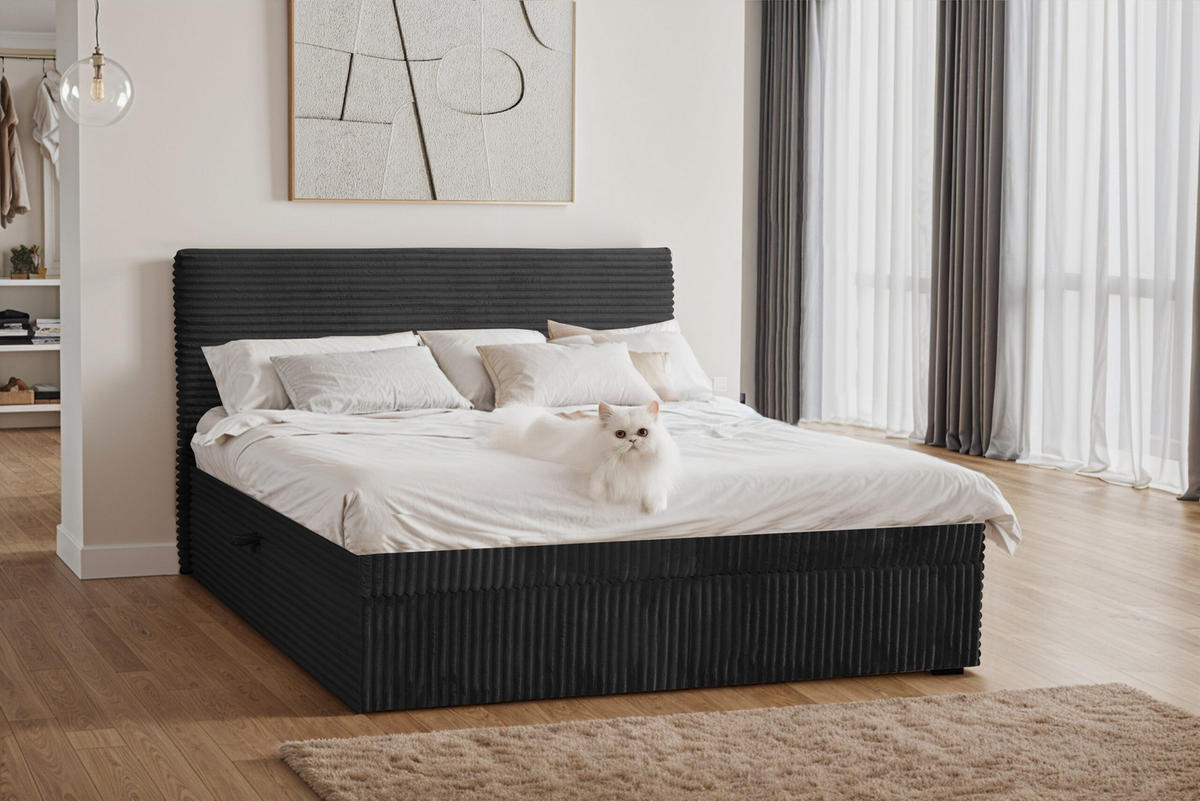 BOXBETT Bettkasten Und Topper TRENTO Ohne Bein Stoff Plüsch Cord 180x200 cm Schwarz H2-Pocket - Schwarz, Holz/Textil (180/200cm) - Kaiser Möbel