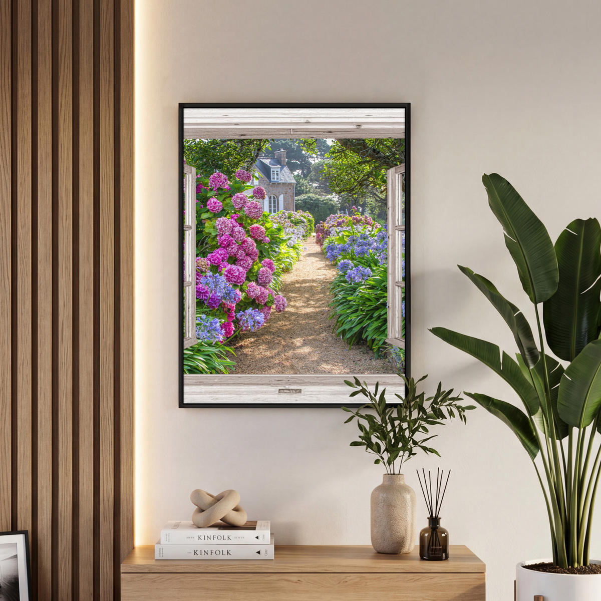 LEINWAND Bilder mit Rahmen - Hortensie - Durchsichtig - Blumen - Sommer - Lila - Weg - 60x80 - Lila, Textil (60/80cm) - MuchoWow