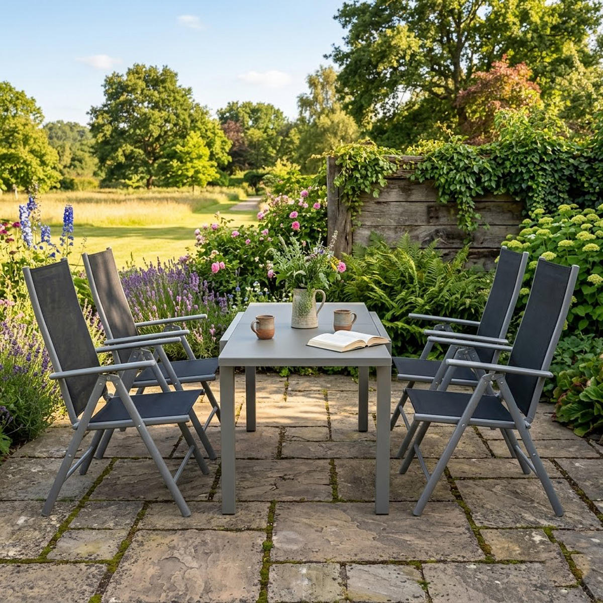 GARTEN-GARNITUR Ashford - 5-teilige Garten-Essgruppe (4x Klappsessel mit Aluminiumgestell grau, Bespannung Textilene schwarz - Schwarz, Metall - TPFGarden