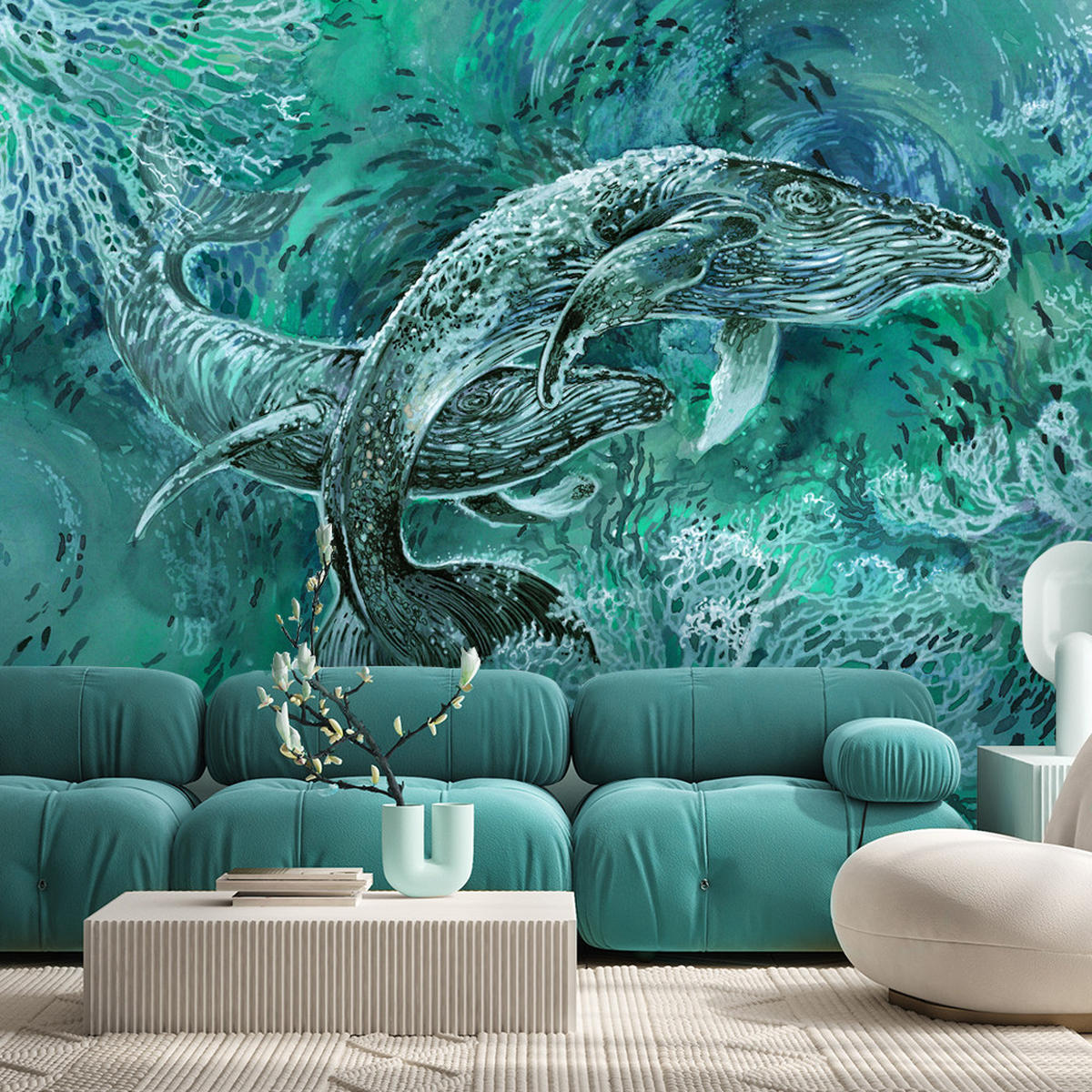 FOTOTAPETE, Ein Paar Wale im Meer Türkis - Türkis, Papier (200/140cm) - Feeby