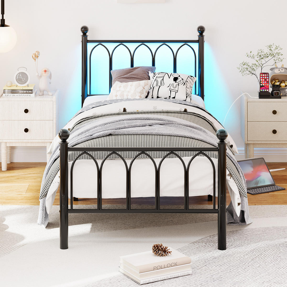 METALLBETT 90x200 cm LED USB Vintage schwarz - Schwarz, Holzwerkstoff (90/200cm) - LEBENLANG