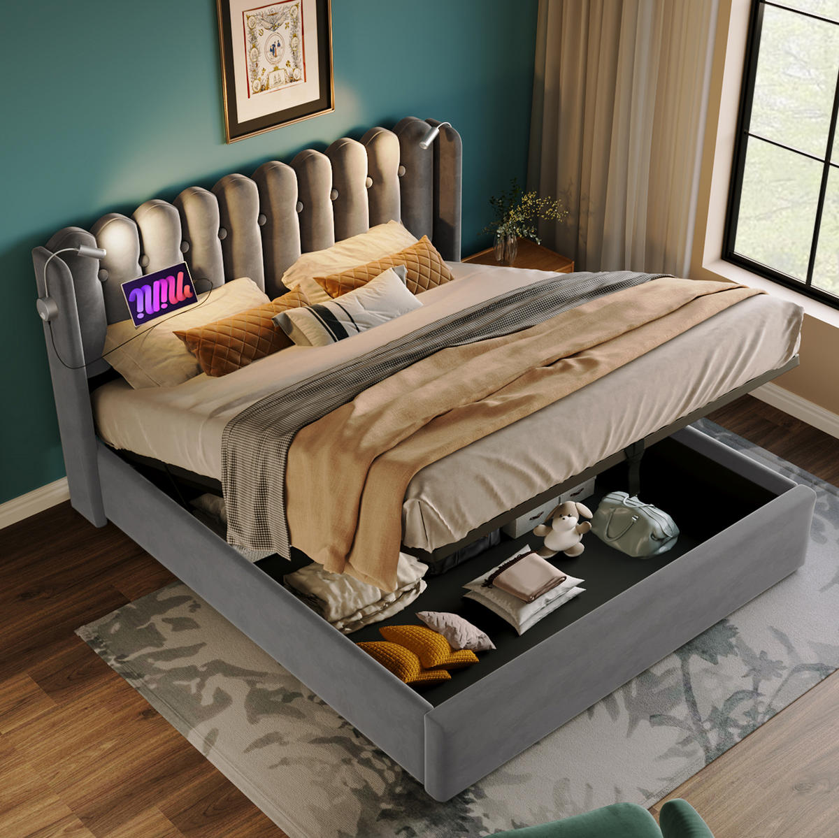 POLSTERBETT 140/200 cm Grau mit Leselicht und Ladefunktion Mit Matratze - Grau, Textil (140/200cm) - OKWISH