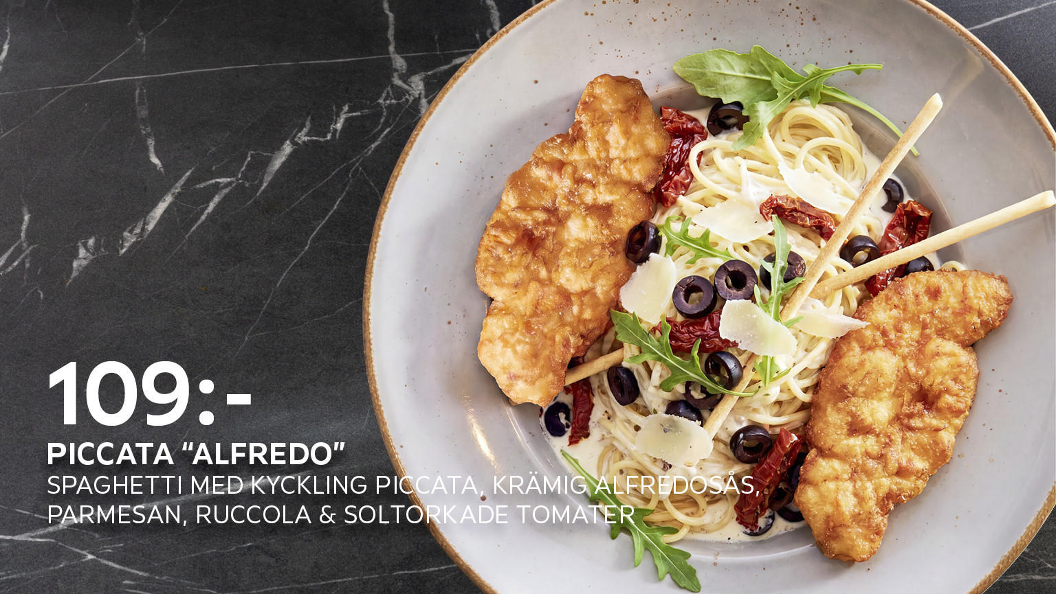 Piccata "Alfredo",  Spaghetti med kyckling piccata, krämig Alfredosås, parmesan, ruccola och soltorkade tomater