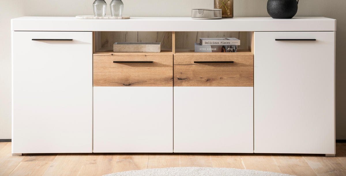 SIDEBOARD weiß matt, Evoke Eiche, Kommode 205 cm, Soft-Close-Funktion - Eichefarben/Silberfarben, Holzwerkstoff/Kunststoff (205/87/40cm)