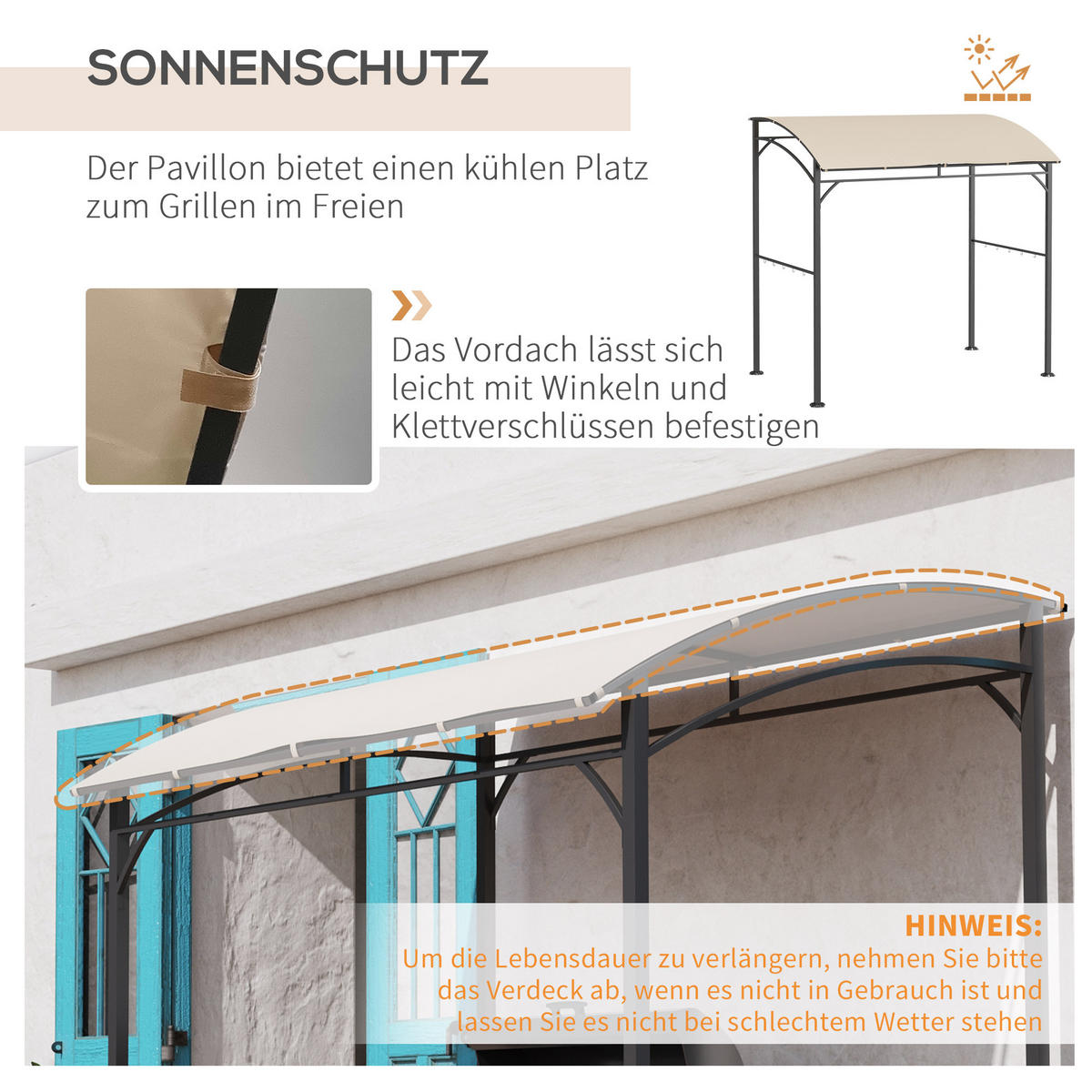 GRILLPAVILLON, Polyester, Beige+Schwarz - Beige/Schwarz, Kunststoff/Metall (150/220/215cm) - Outsunny