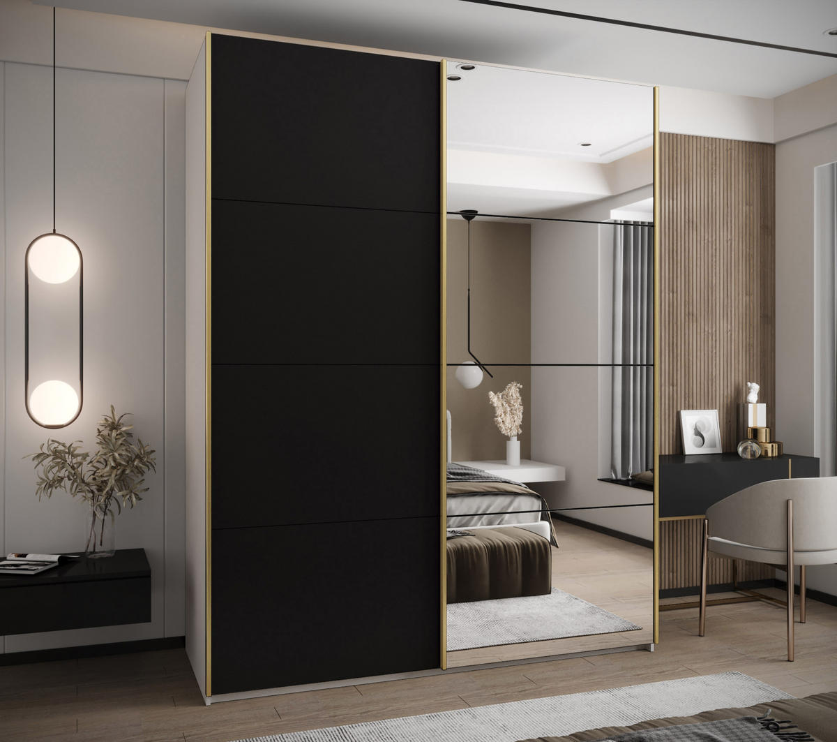 SCHWEBETÜRENSCHRANK 245,5/200/64 2-türig - Goldfarben/Schwarz, Holz/Metall (200/245/64cm) - Abiks Möbel