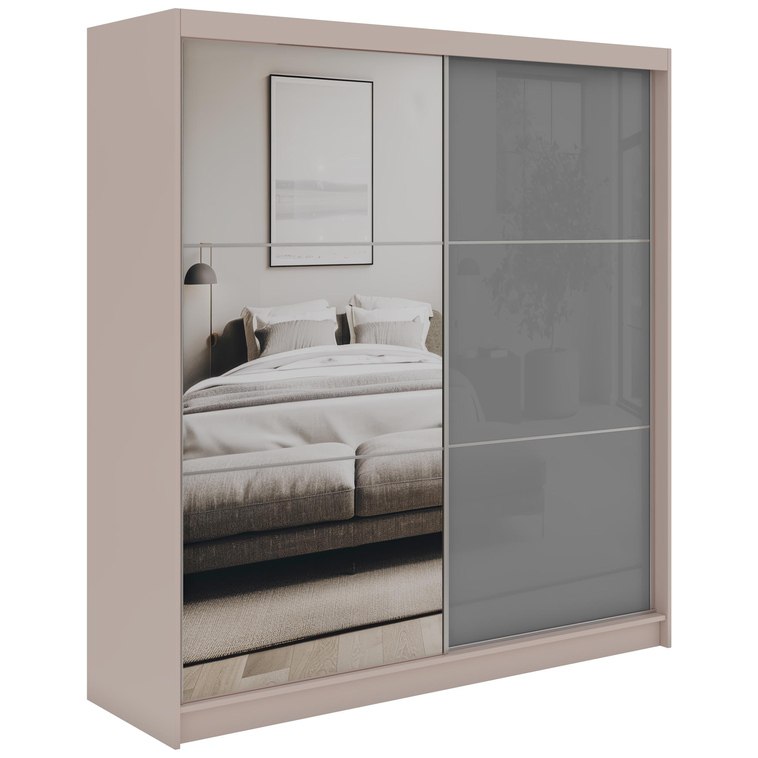 SCHWEBETÜRENSCHRANK mit Spiegel - WALENCJA - 200 - Kaschmir-Grau lacobel - Kaschmir/Alufarben, Holzwerkstoff/Metall (200/216/61cm) - MKS