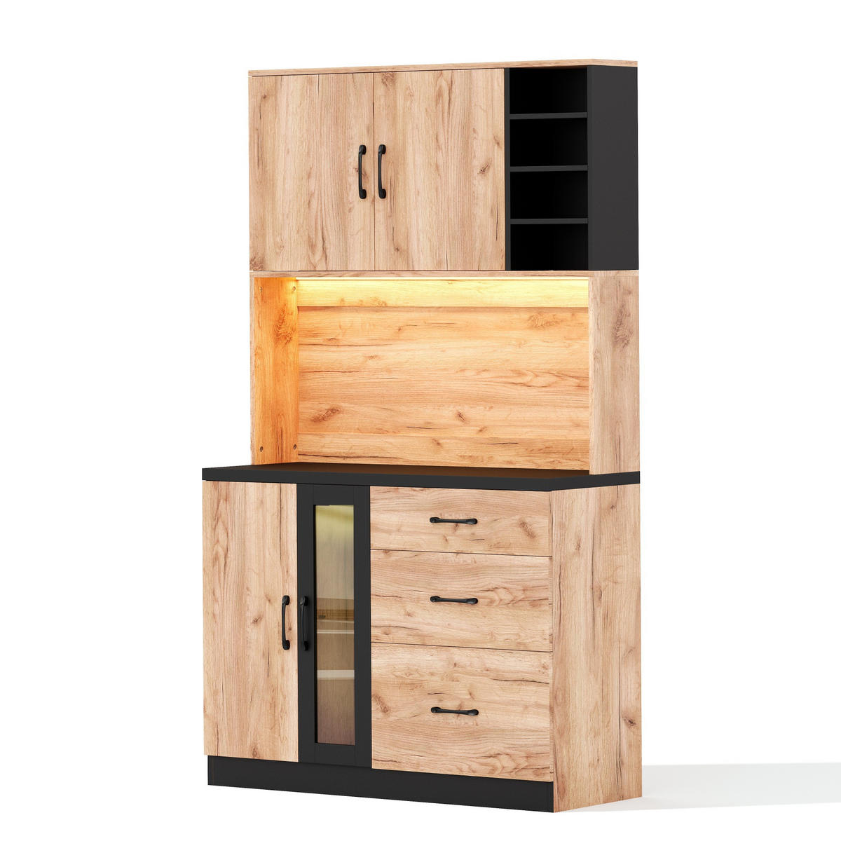 BUFFET 105/40/180 cm Neutral mit LED-Beleuchtung, verstellbaren Einlegeböden und 3 Schubladen - Naturfarben, Holz (105/180/40cm) - Oxeza