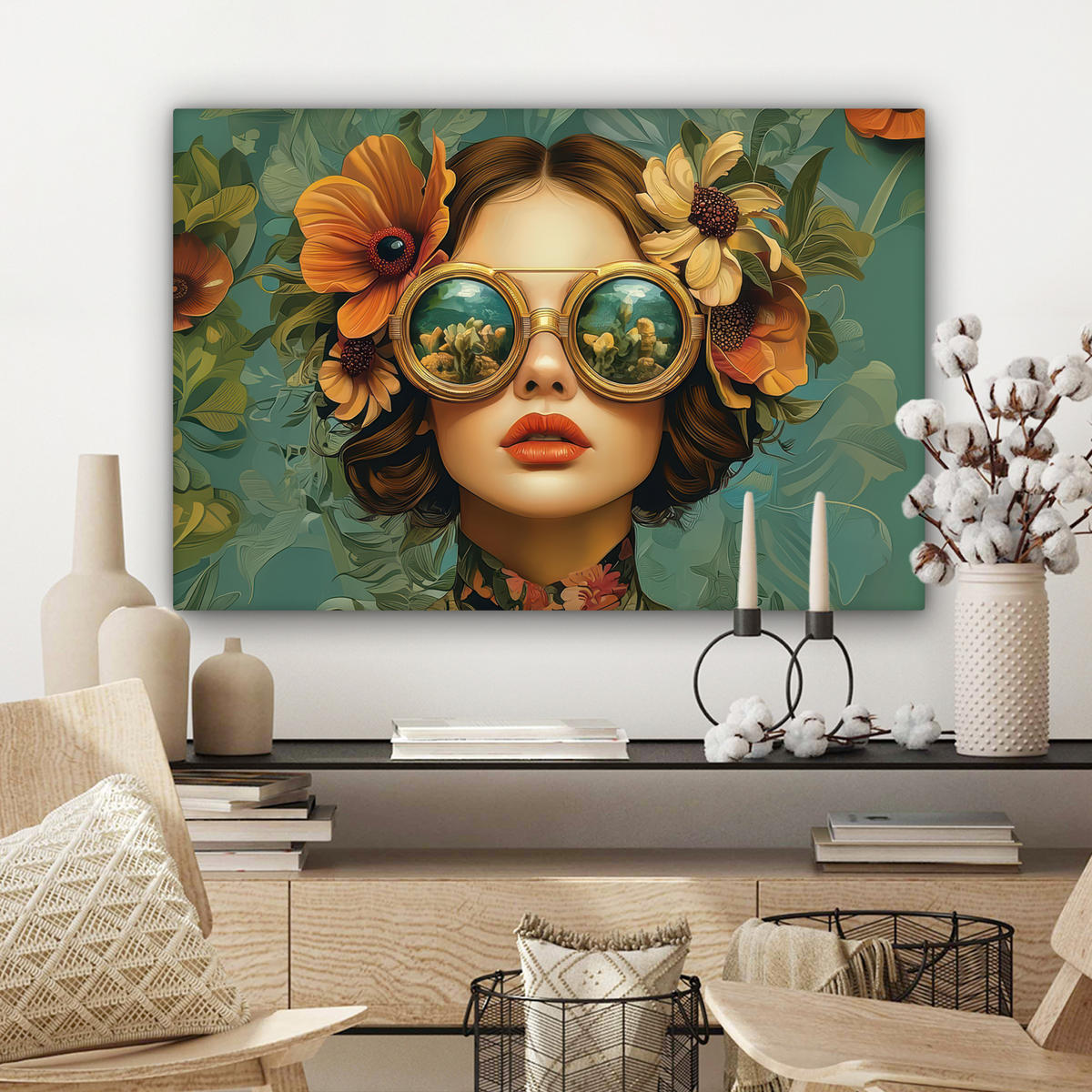 LEINWANDBILD Frau - Blumen - Schmetterlinge - Natur - Vintage Gemälde 60x40 cm - Salbeigrün, Textil (60/40cm) - MuchoWow