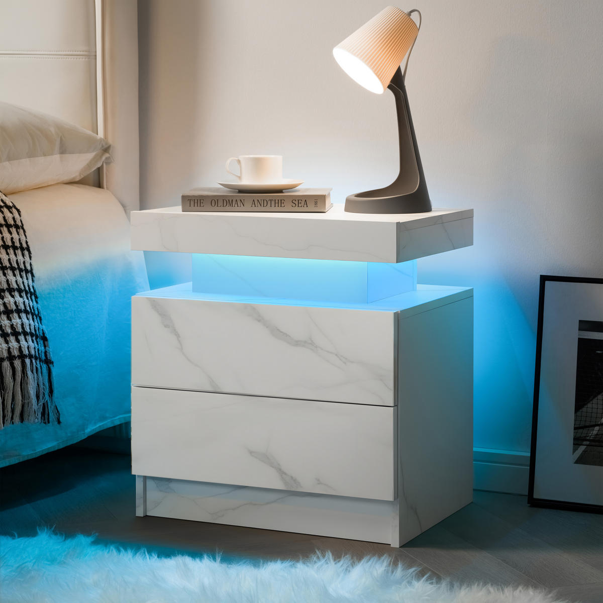 NACHTTISCH 50/53/36 cm mattweiß aus Holzwerkstoff mit LED und 2 Schubladen - Weiß, Holzwerkstoff (53/36/50cm) - OKWISH