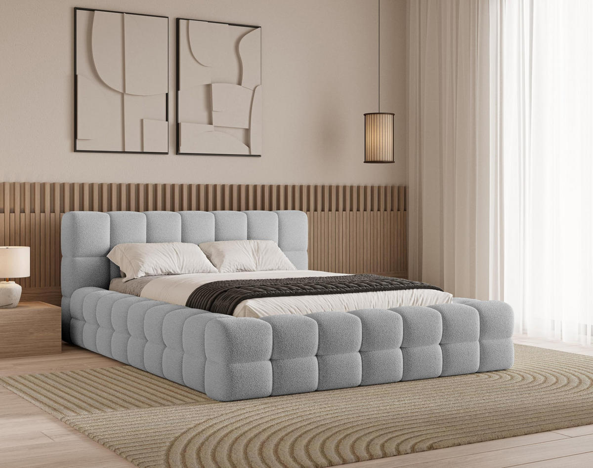 POLSTERBETT 180x200 mit Bettkasten, Lattenrost und Kopfteil, Eleganter Bouclé-Stoffbezug Grau - Grau, Holz (180/200cm) - Chilly