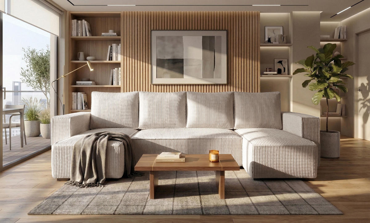 WOHNLANDSCHAFT CUDDY Umit Schlaffunktion und Bettkasten, Farbe: Hellbeige, Cordstoff - Beige, Textil (305/85/140cm) - Storez24