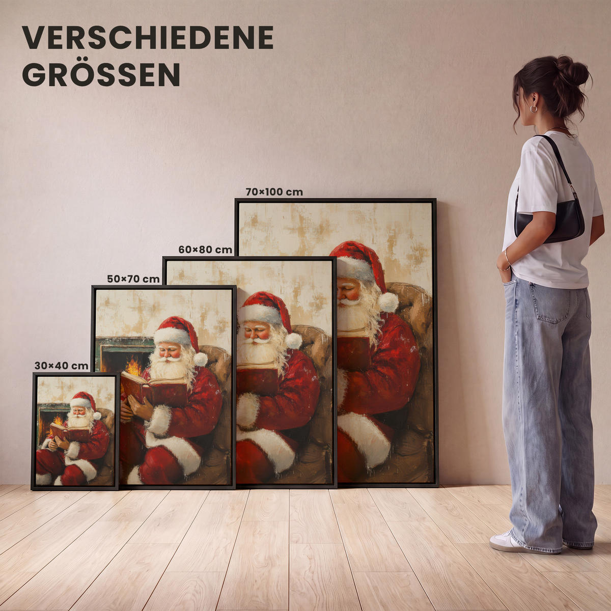 LEINWAND Bilder mit Rahmen - Weihnachten - Weihnachtsmann - Winter - Open Fireside - 70x100 - Dunkelrot, Textil (70/100cm) - MuchoWow