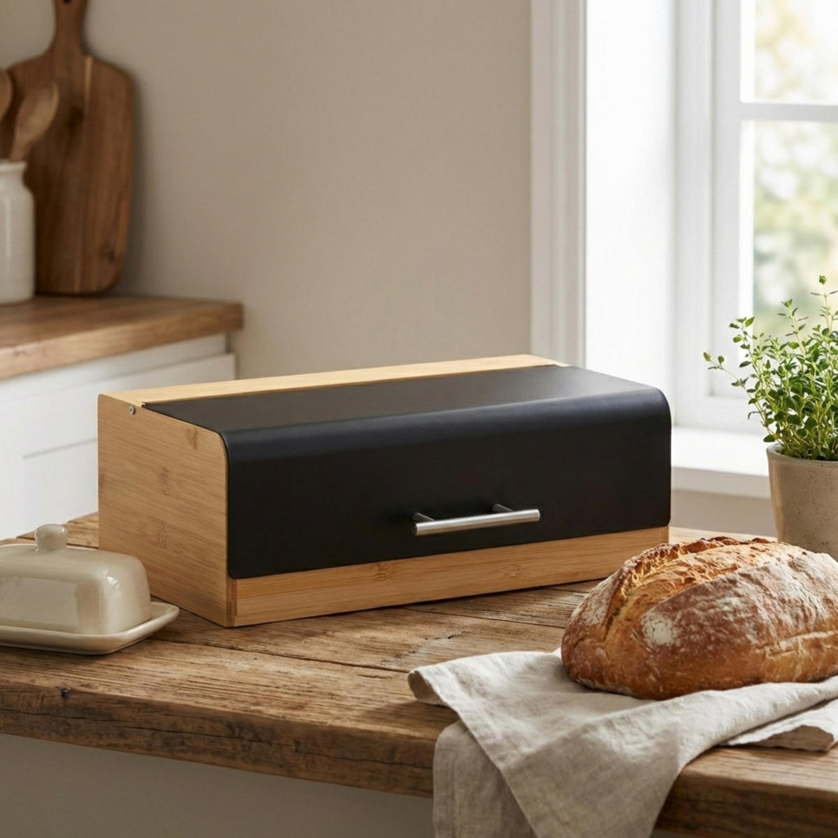 BROTKASTEN aus Bambus 36,3/20/13,5 cm - Schwarz, Naturmaterialen (20/13.5/36.3cm) - ZELLER