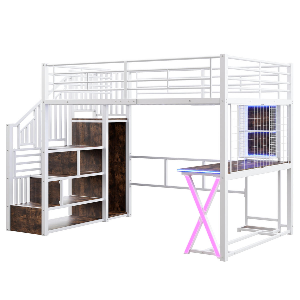 HOCHBETT 140/200 cm mit LED-Leuchten, Ablageleiter und Schreibtisch, Weiß - Weiß, Metall (140/200cm) - OKWISH