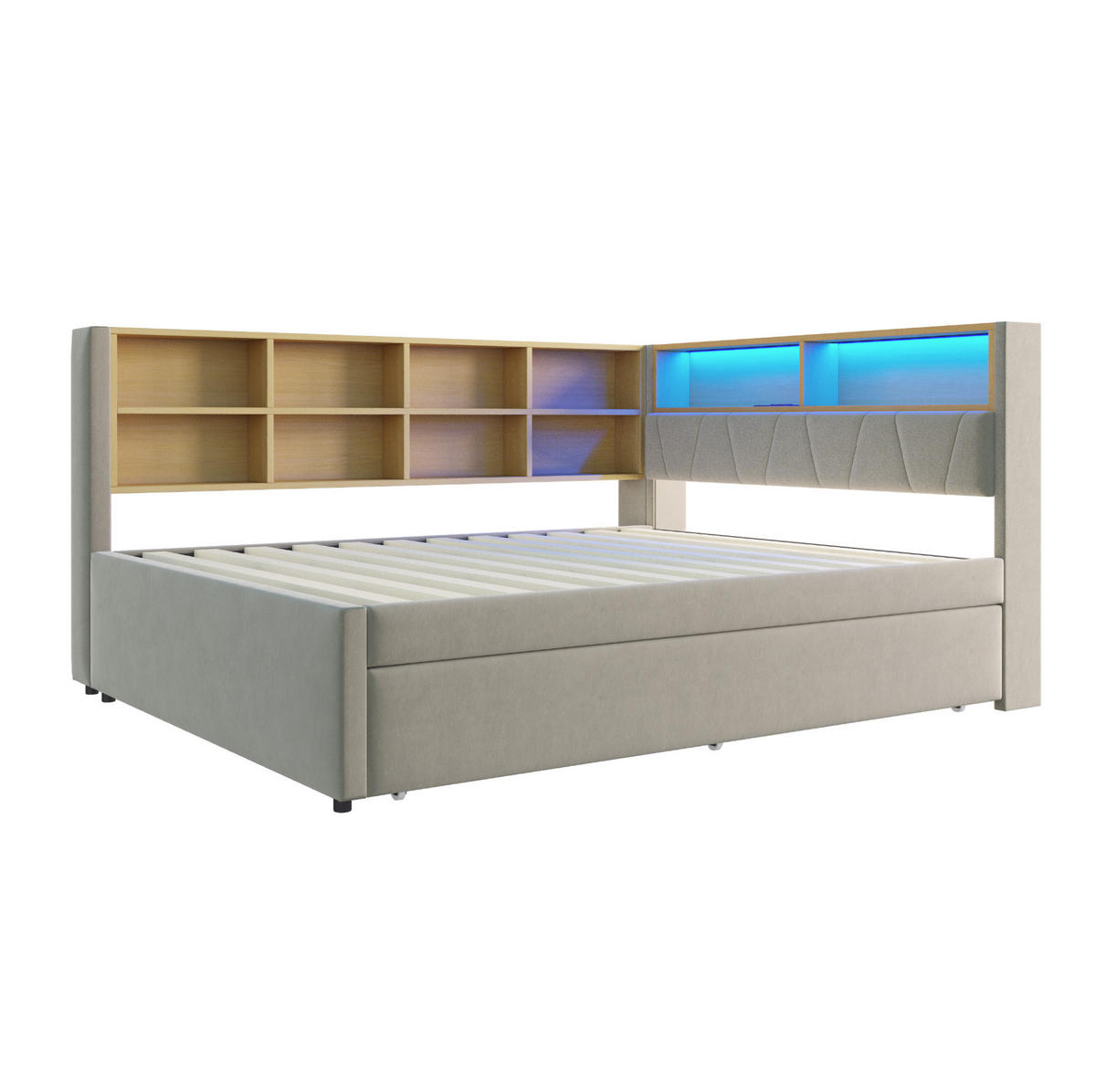KREVET od flanela 140/200 cm s izvlačnim ležajem 90/190 cm, LED osvjetljenjem i pretincima, Svijetlosiva - svijetlo siva, tekstil (213/98/153cm) - Redom