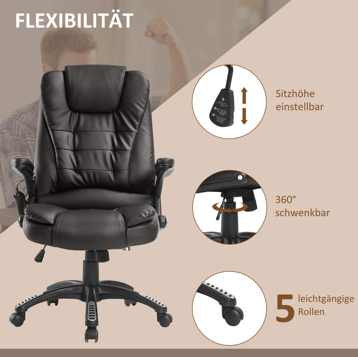 CHEFSESSEL in Braun 68x62x121 cm mit Vibrationsmassage und Wärmefunktion - Braun, Kunststoff (62/121/68cm) - IVMEU