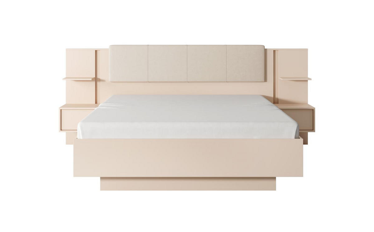 BETT Holen Beige, mit Bettzeugablage und Nachttische - Beige, Holzwerkstoff - Bettso