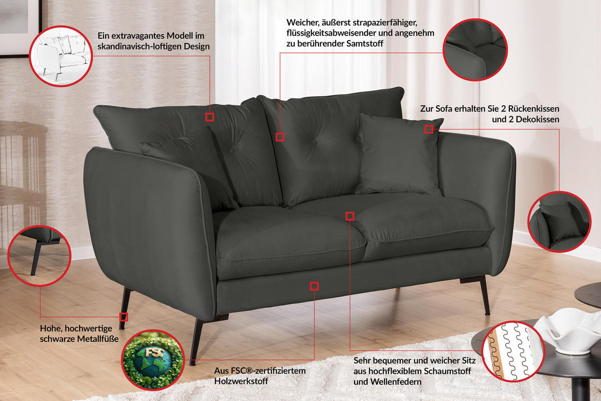 SITZGARNITUR 2+1 Nordloft Dunkelgrau Samt - Dunkelgrau/Schwarz, Holz/Textil (133/86/59cm) - S-Style Möbel