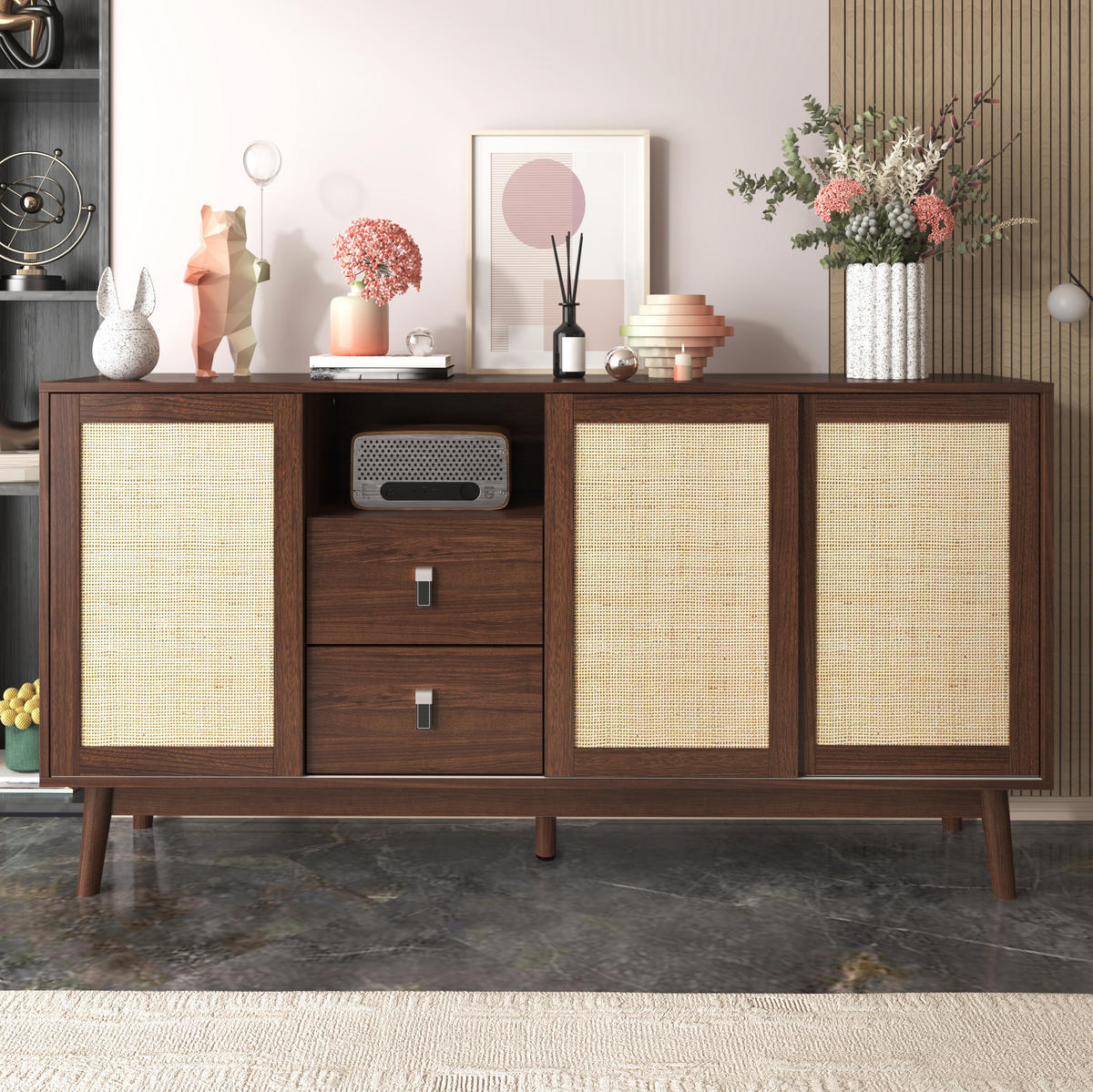 KOMMODE aus MDF & Spanplatte 155x38x80cm in Walnussfarben mit Schiebetüren - Walnussfarben, Holzwerkstoff (155/80/38cm) - Modfu