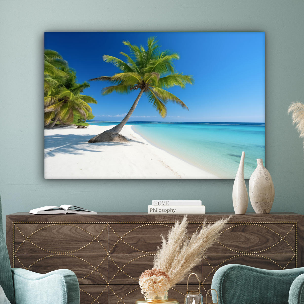 LEINWANDBILD Strand - Palme - Tropisch - Meer Groß 140x90 cm - Grün, Textil (140/90cm) - MuchoWow