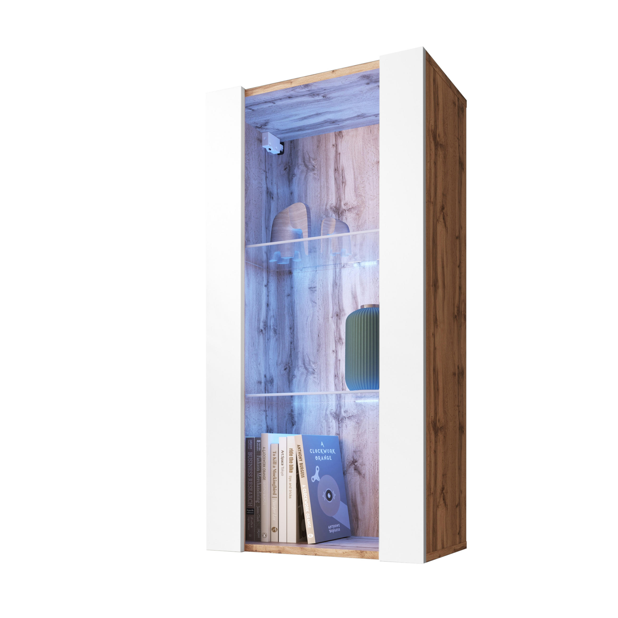 HÄNGEVITRINE TIVOLI Vertical 100, Weiss, LED Blau - Eiche Wotan/Weiß, Glas/Holzwerkstoff (50/100/29.5cm) - Komodee
