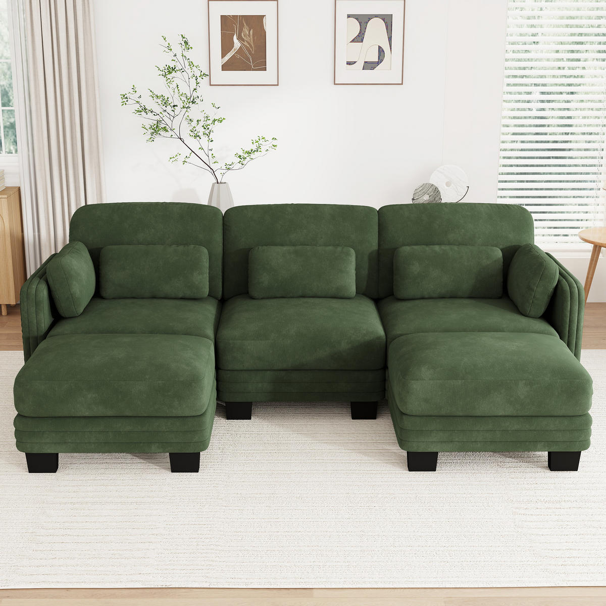 WOHNLANDSCHAFT 3-Sitzer U-Form mit 2 Ottomanen, DE-42686, Grün - Grün, Holz (253/88/143cm) - ComfortXL