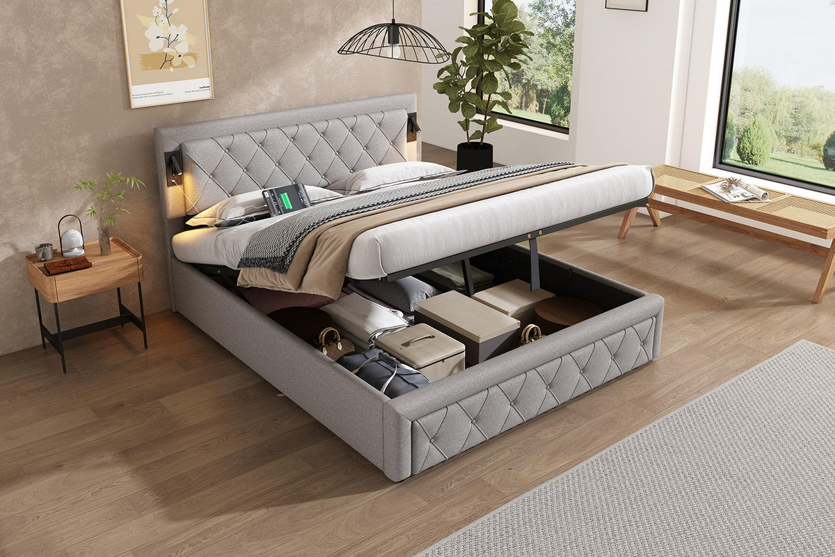 ČALOUNĚNÁ POSTEL v šedé barvě z lnu s úložným prostorem, osvětlením a USB - šedá, kov/kompozitní dřevo (160/200cm) - CHICFURN