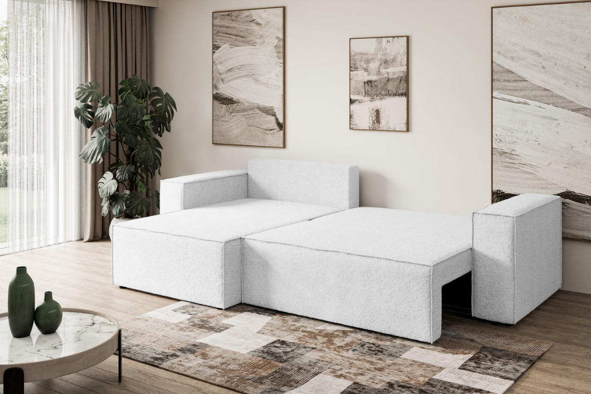 ECKSOFA mit Schlaffunktion und Bettkasten CELTIC-XL - 277x143x83 cm Weiß Bouclé - Schwarz/Weiß, Holzwerkstoff/Kunststoff (277/143cm) - ALTDECOR
