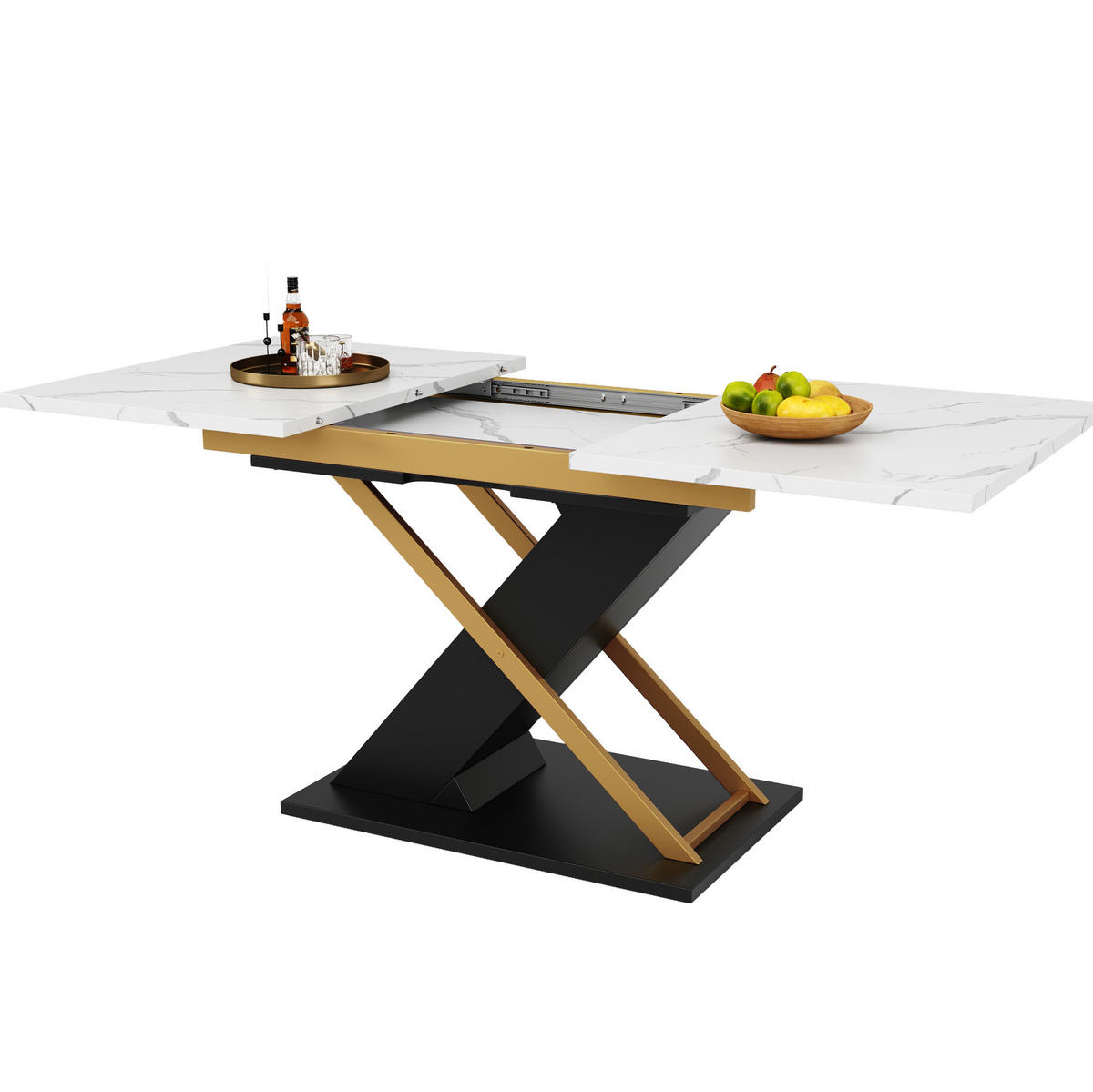 ESSTISCH 120-160x80x75 cm in Weiß Gold Schwarz aus MDF mit Marmoroptik auf schwarzen Kreuzbeinen ausziehbar - Weiß, Holzwerkstoff (160/80/75.4cm) - Modfu