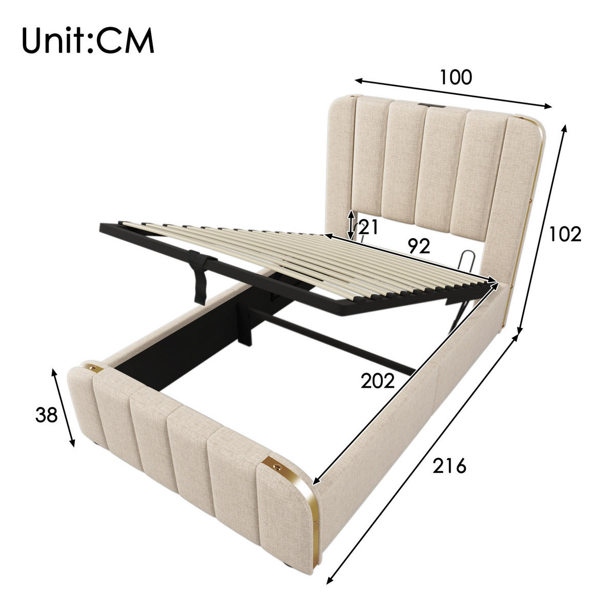 POLSTERBETT 90/200 cm Beige aus Leinen mit Stauraum und USB-C - Beige, Textil (90/200cm) - OKMYHOME