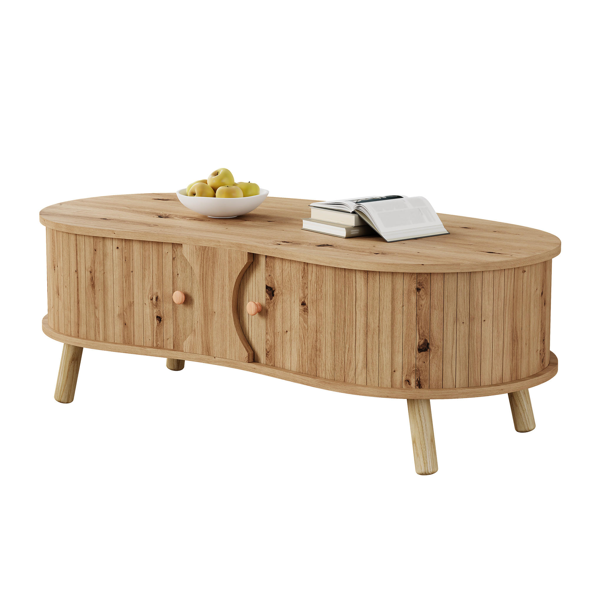 COUCHTISCH organisch Rillenoptik 2 Schiebetüren - Naturfarben, Holz (50/108/37cm) - LEBENLANG