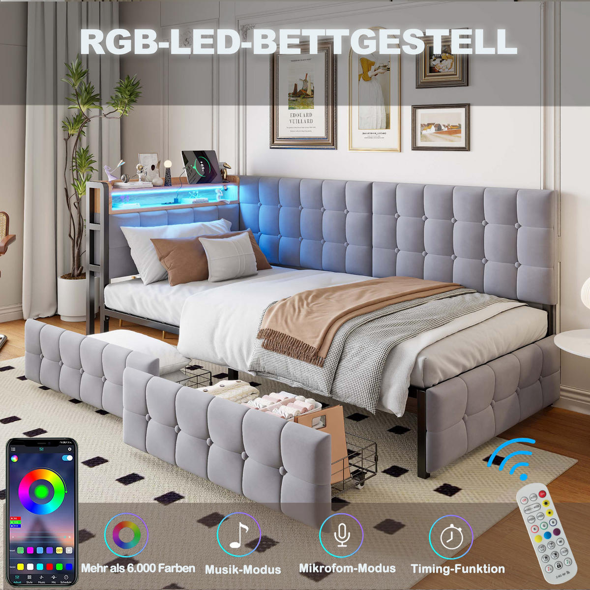 POLSTERBETT 90x200 cm LED USB Schubladen grau - Grau, Textil (90/200cm) - LEBENLANG