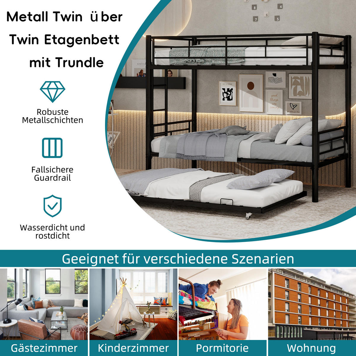 ETAGENBETT Twin over Twin Metall - Schwarz, Metall (92.5/188cm) - ComfortXL