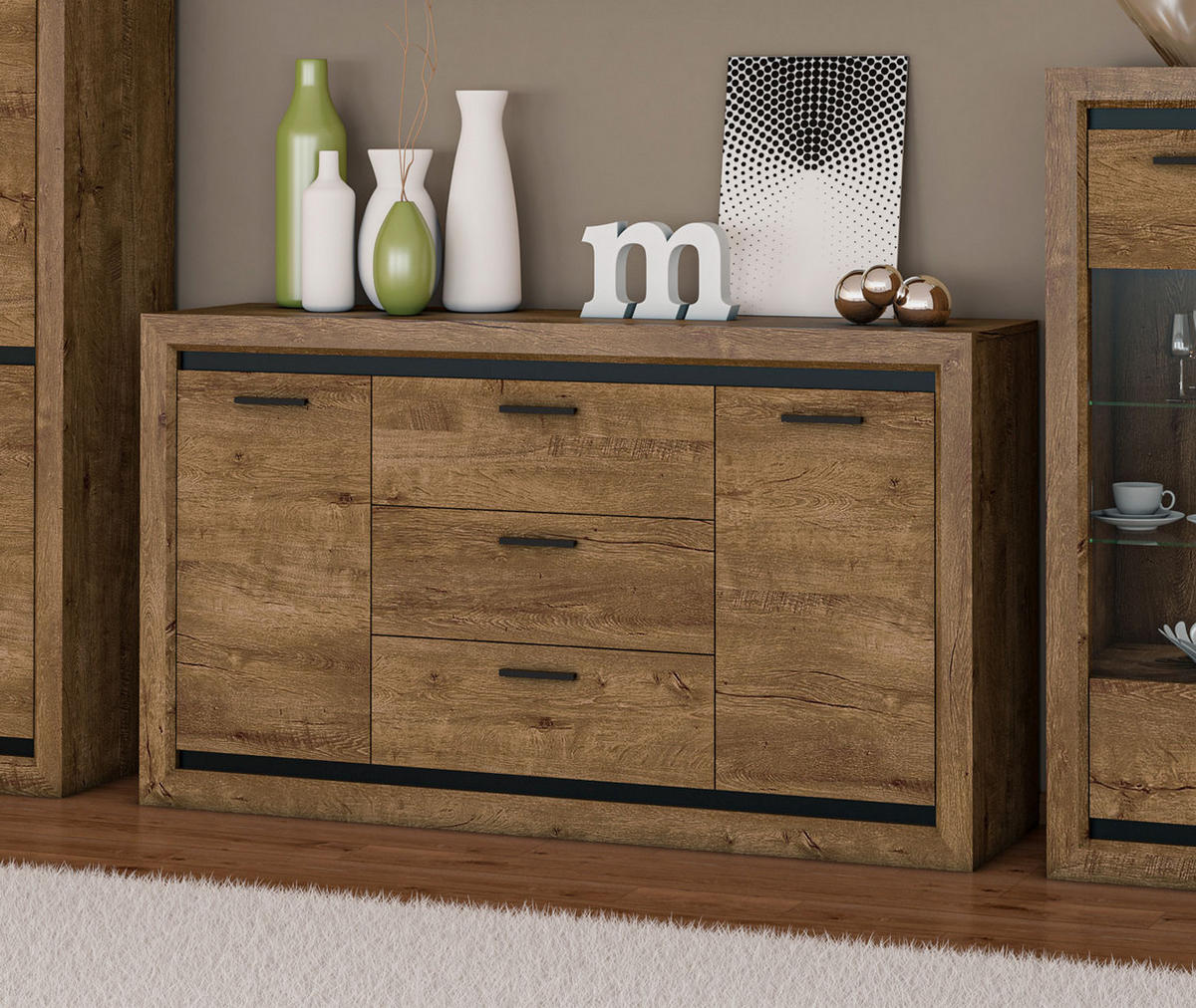 SIDEBOARD Baltica Lefkas Eiche / schwarz 165 / 43 / 94cm - Eichefarben/Braun, Holz/Holzwerkstoff (165/94/43cm) - Feldmann-Wohnen