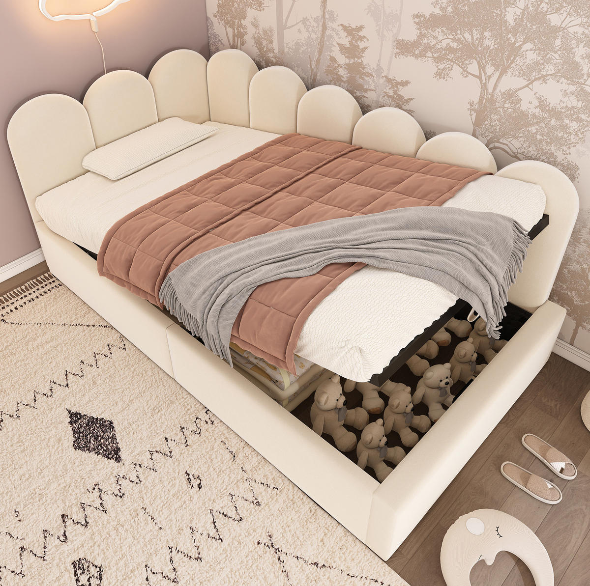 POLSTERBETT 90/200 cm in Beige mit Stauraum und Samtbezug - Beige, Textil (90/200cm) - Flora Grace