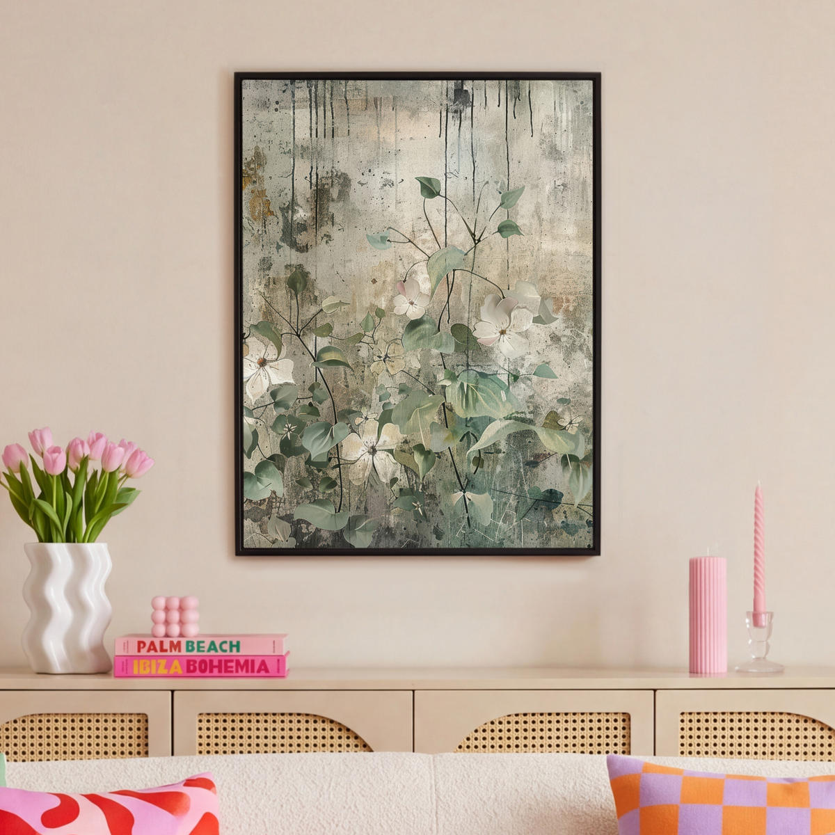 LEINWAND Bilder mit Rahmen - Blumen - Blätter - Abstrakt - Modern - 70x100 - Grau, Textil (70/100cm) - MuchoWow