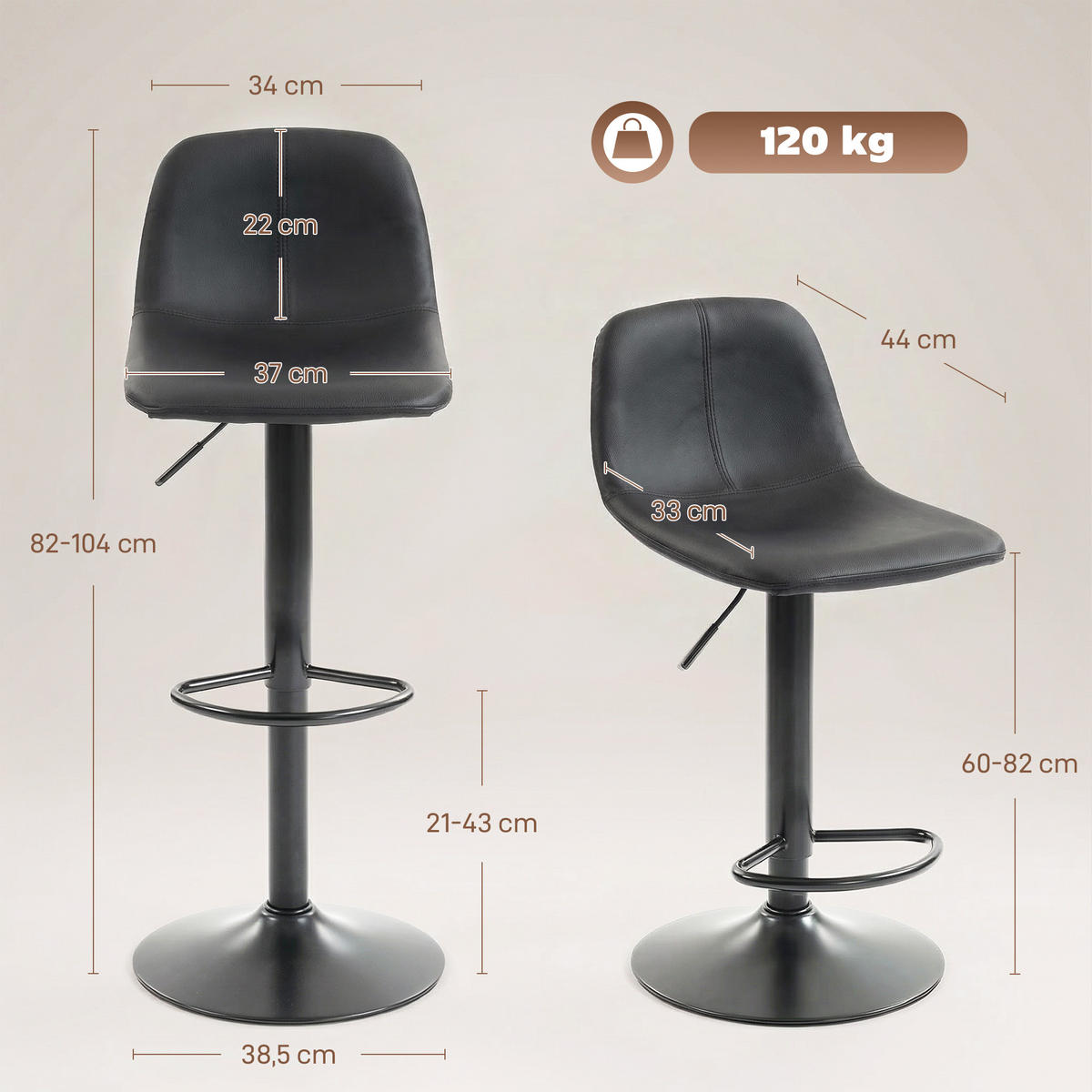 BARHOCKER 2er-Set DE-14822 höhenverstellbar mit Rückenlehne Schwarz - Schwarz, Metall (37/104/44cm) - ComfortXL