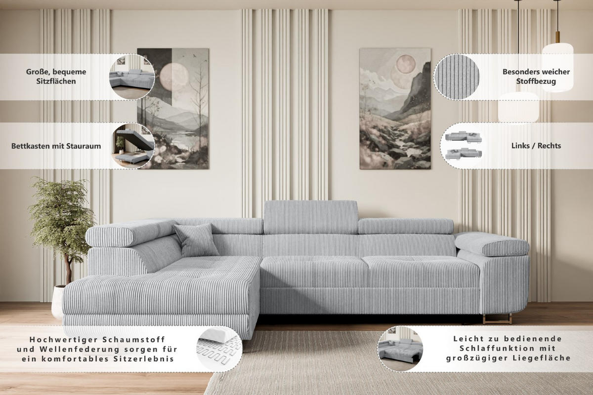 ECKSOFA mit Schlaffunktion und Bettkasten GUSA-L 272x202x107 cm Beige Cord - Beige/Silberfarben, Holzwerkstoff/Textil (202/272cm) - ALTDECOR