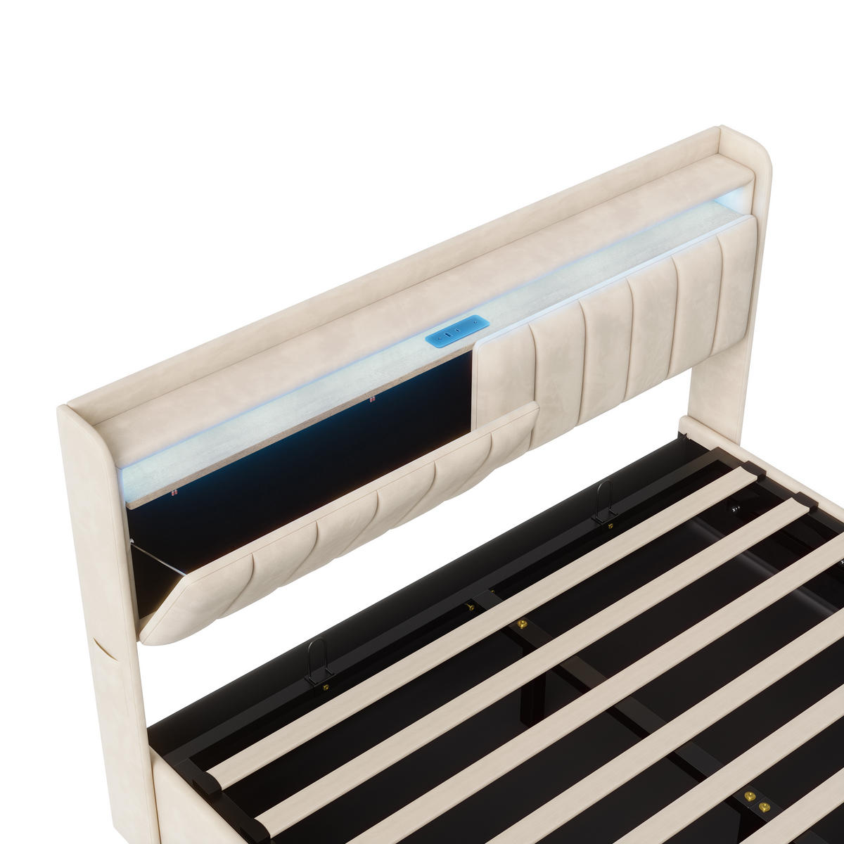 POLSTERBETT 160x200 cm mit LED, USB Und Type-C, Doppelbett mit Bettkasten 160x200, Stauraum, Beige Samt - Beige, Textil/Metall (160/200cm) - GENKI LIVING