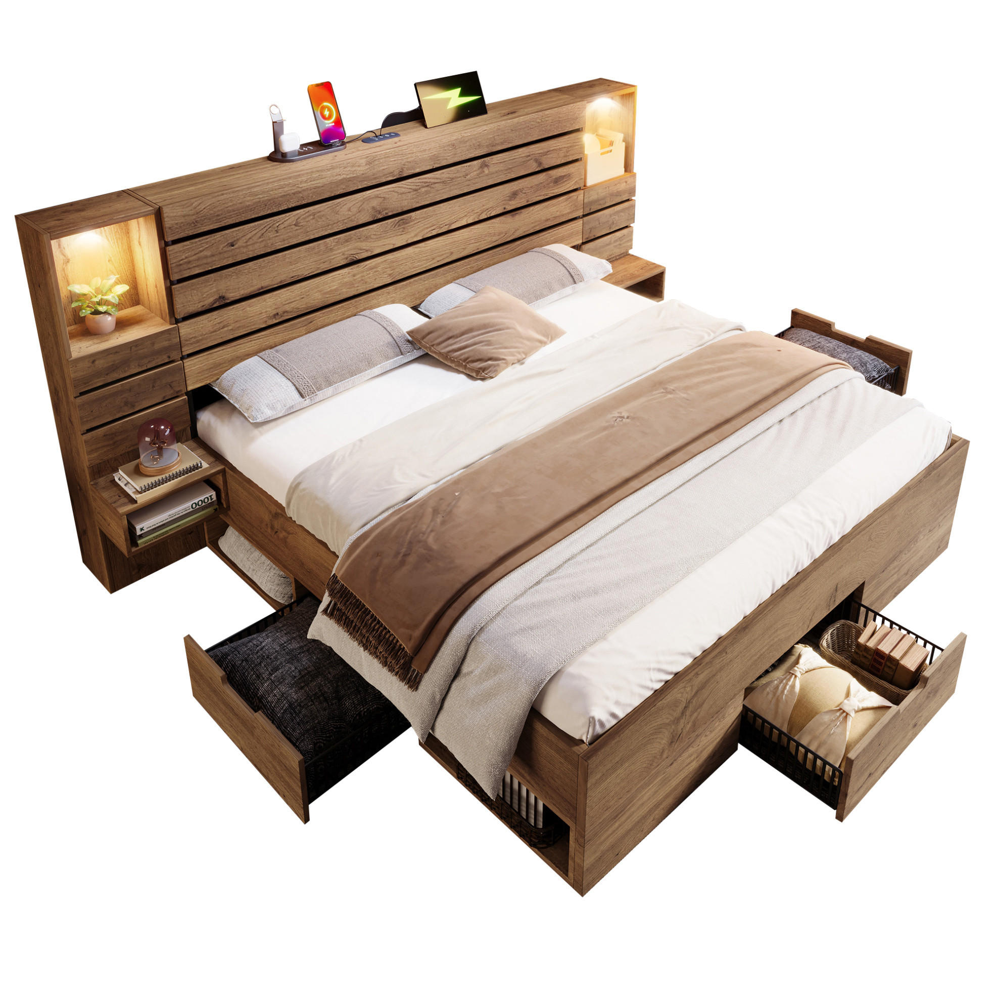 BETT 180/200 cm in Eiche mit LED-Beleuchtung und USB- und Type-C-Anschlüssen - Eichefarben, Holzwerkstoff (180/200cm) - Flora Grace