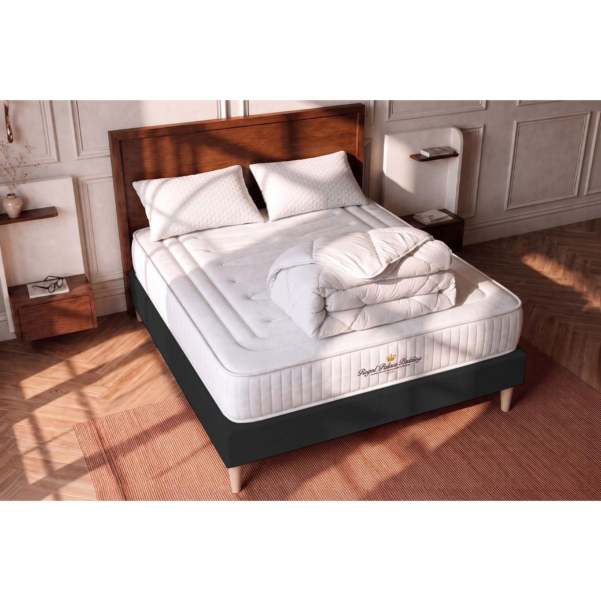 BETT Lancaster Taschenfederkern und Memory-Schaum 140 x 200 cm h3 - Kit Bettgestell Schwarz - Mit Kissen und Bettdecke - Beige/Schwarz, Karton/Holz (140/200cm) - ROYAL PALACE BEDDING