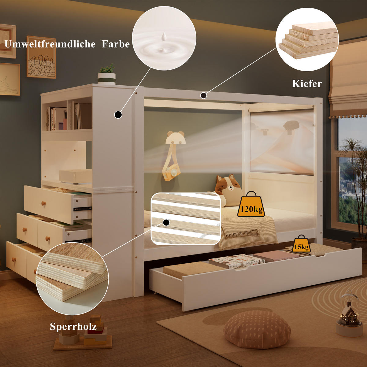 EINZELBETT 90/200 cm Weiß mit Stauraum und Fallschutz aus Kieferholz und MDF - Weiß, Holzwerkstoff (90/200cm) - OKWISH