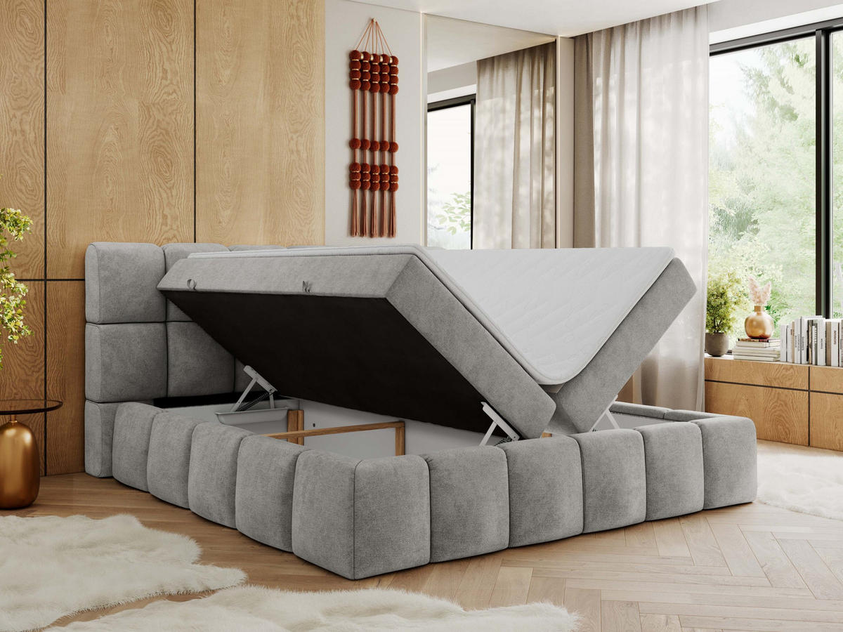 BOXBETT NIRA 140/200 - Hellgrau Strukture - H4 - Hellgrau, Holz/Textil (140/200cm) - MKS