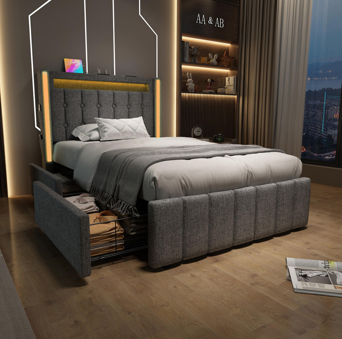 POLSTERBETT 90/200 cm mit LED-Beleuchtung, USB-C und 2 Schubladen in Grau - Grau, Textil (90/200cm) - BEAOK