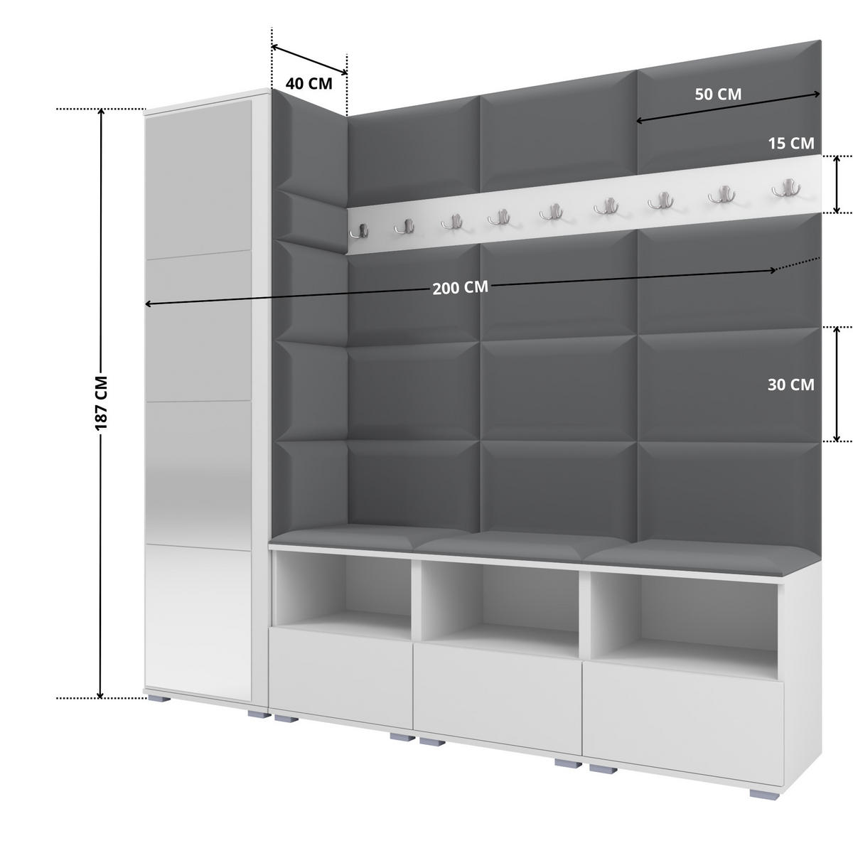GARDEROBE NELA IX 200 cm (Modulare Flurmöbel Weiß mit Spiegel & Sitzpolster Dunkelgrau 15 Breite Sitzbank) - Dunkelgrau/Silberfarben, Holz/Holzwerkstoff (200/187/40cm) - Ravio