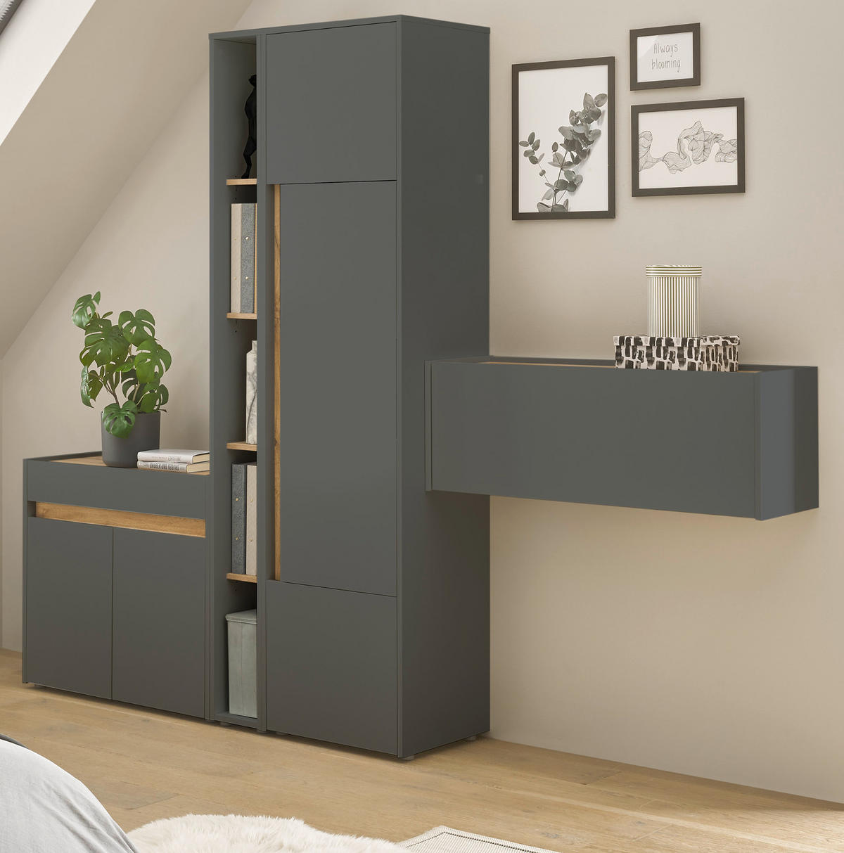 SEKRETÄR Grau matt, Eiche Wotan 100 cm, Wandschrank mit klappbarem Oberboden - Eiche Wotan/Grau, Holzwerkstoff (30/100/35cm) - Furn.Design