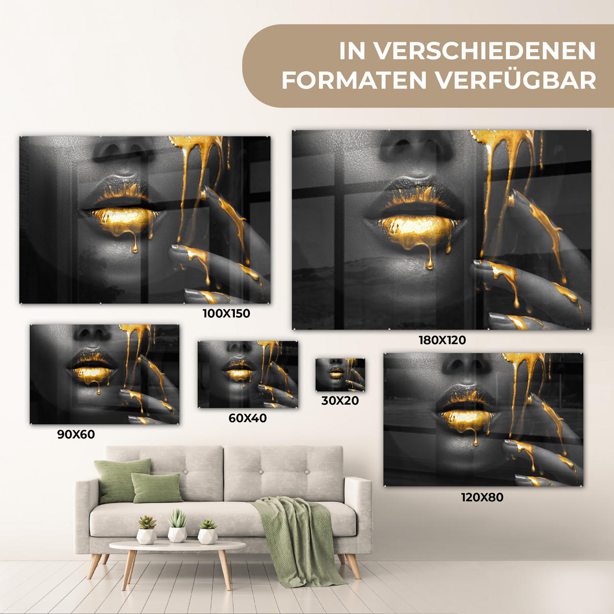 ACRYLGLASBILD Frau - Schwarz - Gold - Gesicht - Lippen 90x60 cm - Goldfarben, Glas (90/60cm) - MuchoWow